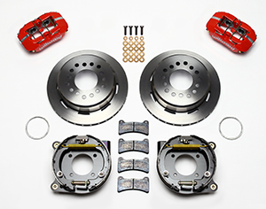 Wilwood Forged Dynapro Low-Profile Rear Parking Brake Kit Parts Laid Out - Red Powder Coat Caliper - Plain Face Rotor