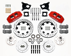 Wilwood Forged Dynapro 6 Big Brake Front Brake Kit (Hub) Parts Laid Out - Red Powder Coat Caliper - SRP Drilled & Slotted Rotor