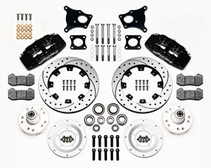 Wilwood Forged Dynapro 6 Big Brake Front Brake Kit (Hub) Parts Laid Out - Black Powder Coat Caliper - SRP Drilled & Slotted Rotor