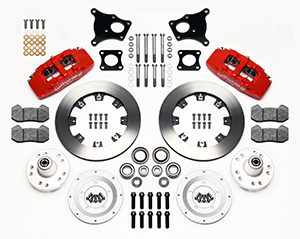 Wilwood Forged Dynapro 6 Big Brake Front Brake Kit (Hub) Parts Laid Out - Red Powder Coat Caliper - Plain Face Rotor