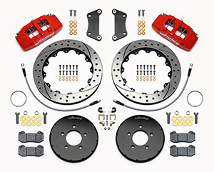 Wilwood Forged Dynapro 6 Big Brake Front Brake Kit (Hat) Parts Laid Out - Red Powder Coat Caliper - SRP Drilled & Slotted Rotor