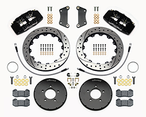 Wilwood Forged Dynapro 6 Big Brake Front Brake Kit (Hat) Parts Laid Out - Black Powder Coat Caliper - SRP Drilled & Slotted Rotor