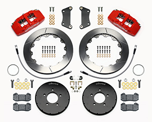 Wilwood Forged Dynapro 6 Big Brake Front Brake Kit (Hat) Parts Laid Out - Red Powder Coat Caliper - GT Slotted Rotor