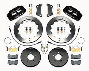 Wilwood Forged Dynapro 6 Big Brake Front Brake Kit (Hat) Parts Laid Out - Black Powder Coat Caliper - GT Slotted Rotor