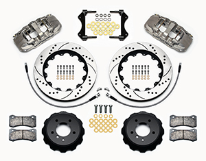 Wilwood AERO6 Big Brake Front Brake Kit Parts Laid Out - Nickel Plate Caliper - SRP Drilled & Slotted Rotor