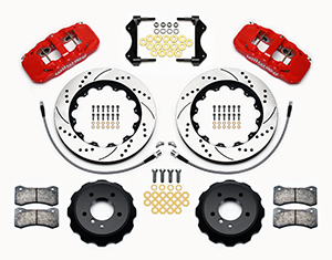 Wilwood AERO6 Big Brake Front Brake Kit Parts Laid Out - Red Powder Coat Caliper - SRP Drilled & Slotted Rotor