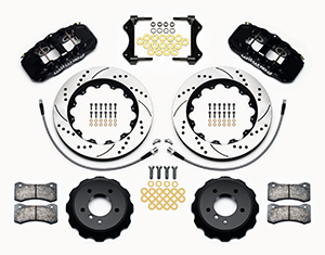 Wilwood AERO6 Big Brake Front Brake Kit Parts Laid Out - Black Powder Coat Caliper - SRP Drilled & Slotted Rotor