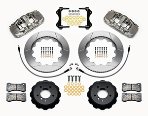 Wilwood AERO6 Big Brake Front Brake Kit Parts Laid Out - Nickel Plate Caliper - GT Slotted Rotor