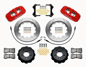 Wilwood AERO6 Big Brake Front Brake Kit Parts Laid Out - Red Powder Coat Caliper - GT Slotted Rotor