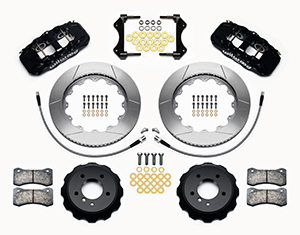 Wilwood AERO6 Big Brake Front Brake Kit Parts Laid Out - Black Powder Coat Caliper - GT Slotted Rotor