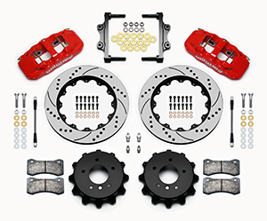 Wilwood AERO4 Big Brake Rear Brake Kit For OE Parking Brake Parts Laid Out - Red Powder Coat Caliper - SRP Drilled & Slotted Rotor