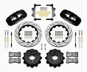 Wilwood AERO4 Big Brake Rear Brake Kit For OE Parking Brake Parts Laid Out - Black Powder Coat Caliper - SRP Drilled & Slotted Rotor