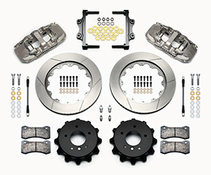 Wilwood AERO4 Big Brake Rear Brake Kit For OE Parking Brake Parts Laid Out - Nickel Plate Caliper - GT Slotted Rotor