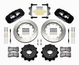 Wilwood AERO4 Big Brake Rear Brake Kit For OE Parking Brake Parts Laid Out - Black Powder Coat Caliper - GT Slotted Rotor