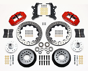 Wilwood Forged Narrow Superlite 6R Big Brake Front Brake Kit (Hub) Parts Laid Out - Red Powder Coat Caliper - SRP Drilled & Slotted Rotor