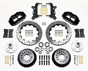 Wilwood Forged Narrow Superlite 6R Big Brake Front Brake Kit (Hub) Parts Laid Out - Black Powder Coat Caliper - SRP Drilled & Slotted Rotor