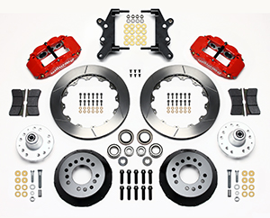 Wilwood Forged Narrow Superlite 6R Big Brake Front Brake Kit (Hub) Parts Laid Out - Red Powder Coat Caliper - GT Slotted Rotor