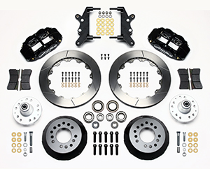 Wilwood Forged Narrow Superlite 6R Big Brake Front Brake Kit (Hub) Parts Laid Out - Black Powder Coat Caliper - GT Slotted Rotor