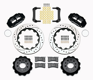 Wilwood Forged Narrow Superlite 4R Big Brake Rear Kit Parts Laid Out - Black Powder Coat Caliper - SRP Drilled & Slotted Rotor