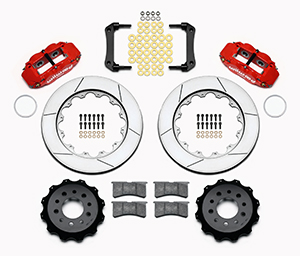 Wilwood Forged Narrow Superlite 4R Big Brake Rear Kit Parts Laid Out - Red Powder Coat Caliper - GT Slotted Rotor