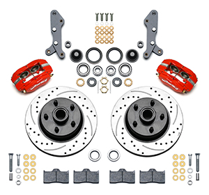 Wilwood Classic Series Dynalite Front Brake Kit Parts Laid Out - Red Powder Coat Caliper - SRP Drilled & Slotted Rotor