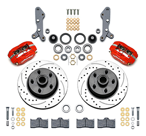 Wilwood Classic Series Dynalite Front Brake Kit Parts Laid Out - Red Powder Coat Caliper - SRP Drilled & Slotted Rotor