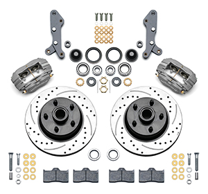 Wilwood Classic Series Dynalite Front Brake Kit Parts Laid Out - Type III Anodize Caliper - SRP Drilled & Slotted Rotor