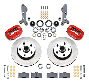 Wilwood Classic Series Dynalite Front Brake Kit Parts Laid Out - Red Powder Coat Caliper - Plain Face Rotor