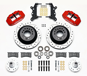 Wilwood Forged Narrow Superlite 6R Big Brake Front Brake Kit (Hub and 1PC Rotor) Parts Laid Out - Red Powder Coat Caliper - SRP Drilled & Slotted Rotor