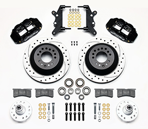 Wilwood Forged Narrow Superlite 6R Big Brake Front Brake Kit (Hub and 1PC Rotor) Parts Laid Out - Black Powder Coat Caliper - SRP Drilled & Slotted Rotor