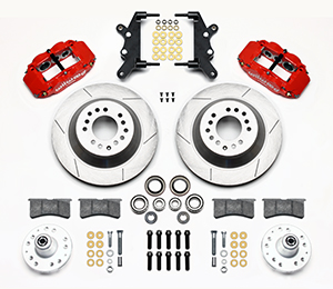 Wilwood Forged Narrow Superlite 6R Big Brake Front Brake Kit (Hub and 1PC Rotor) Parts Laid Out - Red Powder Coat Caliper - GT Slotted Rotor