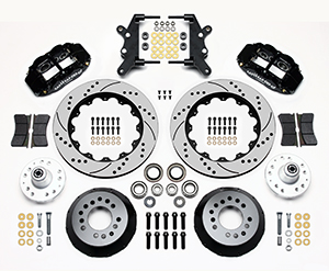 Wilwood Forged Narrow Superlite 6R Big Brake Front Brake Kit (Hub) Parts Laid Out - Black Powder Coat Caliper - SRP Drilled & Slotted Rotor