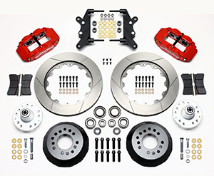 Wilwood Forged Narrow Superlite 6R Big Brake Front Brake Kit (Hub) Parts Laid Out - Red Powder Coat Caliper - GT Slotted Rotor