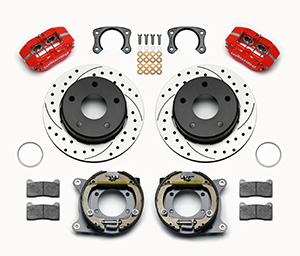 Wilwood Dynapro Lug Mount Rear Parking Brake Kit Parts Laid Out - Red Powder Coat Caliper - SRP Drilled & Slotted Rotor