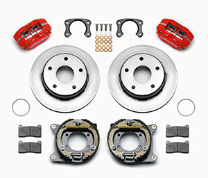 Wilwood Dynapro Lug Mount Rear Parking Brake Kit Parts Laid Out - Red Powder Coat Caliper - Plain Face Rotor