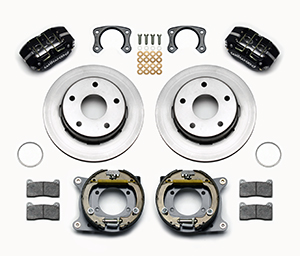 Wilwood Dynapro Lug Mount Rear Parking Brake Kit Parts Laid Out - Black Powder Coat Caliper - Plain Face Rotor