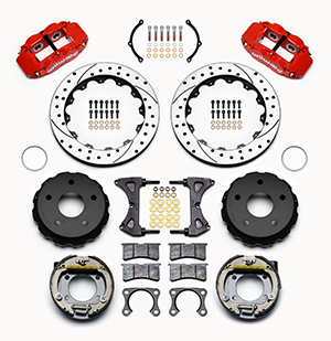 Wilwood Forged Narrow Superlite 4R Big Brake Rear Parking Brake Kit Parts Laid Out - Red Powder Coat Caliper - SRP Drilled & Slotted Rotor