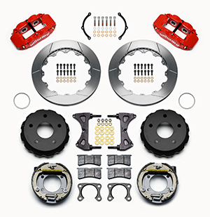 Wilwood Forged Narrow Superlite 4R Big Brake Rear Parking Brake Kit Parts Laid Out - Red Powder Coat Caliper - GT Slotted Rotor