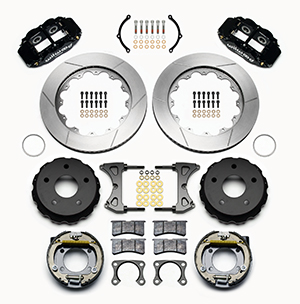 Wilwood Forged Narrow Superlite 4R Big Brake Rear Parking Brake Kit Parts Laid Out - Black Powder Coat Caliper - GT Slotted Rotor