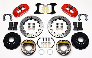 Wilwood Forged Narrow Superlite 4R Big Brake Rear Parking Brake Kit Parts Laid Out - Red Powder Coat Caliper - SRP Drilled & Slotted Rotor