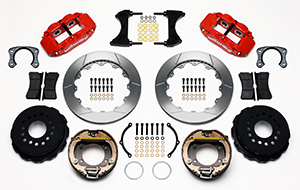 Wilwood Forged Narrow Superlite 4R Big Brake Rear Parking Brake Kit Parts Laid Out - Red Powder Coat Caliper - GT Slotted Rotor