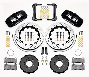 Wilwood AERO6 Big Brake Front Brake Kit Parts Laid Out - Black Powder Coat Caliper - SRP Drilled & Slotted Rotor