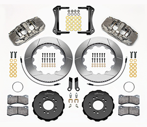 Wilwood AERO6 Big Brake Front Brake Kit Parts Laid Out - Nickel Plate Caliper - GT Slotted Rotor