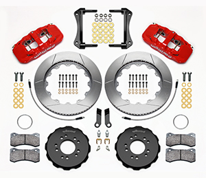 Wilwood AERO6 Big Brake Front Brake Kit Parts Laid Out - Red Powder Coat Caliper - GT Slotted Rotor