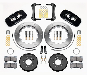 Wilwood AERO6 Big Brake Front Brake Kit Parts Laid Out - Black Powder Coat Caliper - GT Slotted Rotor