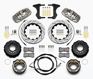 Wilwood AERO4 Big Brake Rear Parking Brake Kit Parts Laid Out - Nickel Plate Caliper - SRP Drilled & Slotted Rotor