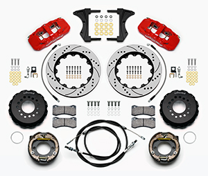 Wilwood AERO4 Big Brake Rear Parking Brake Kit Parts Laid Out - Red Powder Coat Caliper - SRP Drilled & Slotted Rotor