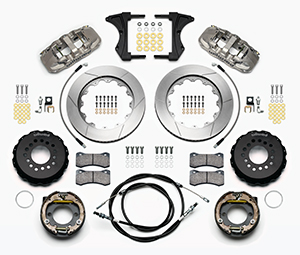 Wilwood AERO4 Big Brake Rear Parking Brake Kit Parts Laid Out - Nickel Plate Caliper - GT Slotted Rotor