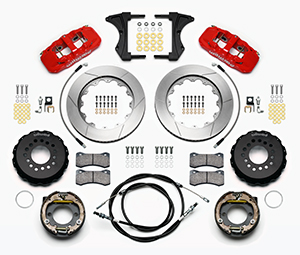 Wilwood AERO4 Big Brake Rear Parking Brake Kit Parts Laid Out - Red Powder Coat Caliper - GT Slotted Rotor