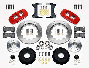 Wilwood AERO6 Big Brake Front Brake Kit Parts Laid Out - Red Powder Coat Caliper - GT Slotted Rotor